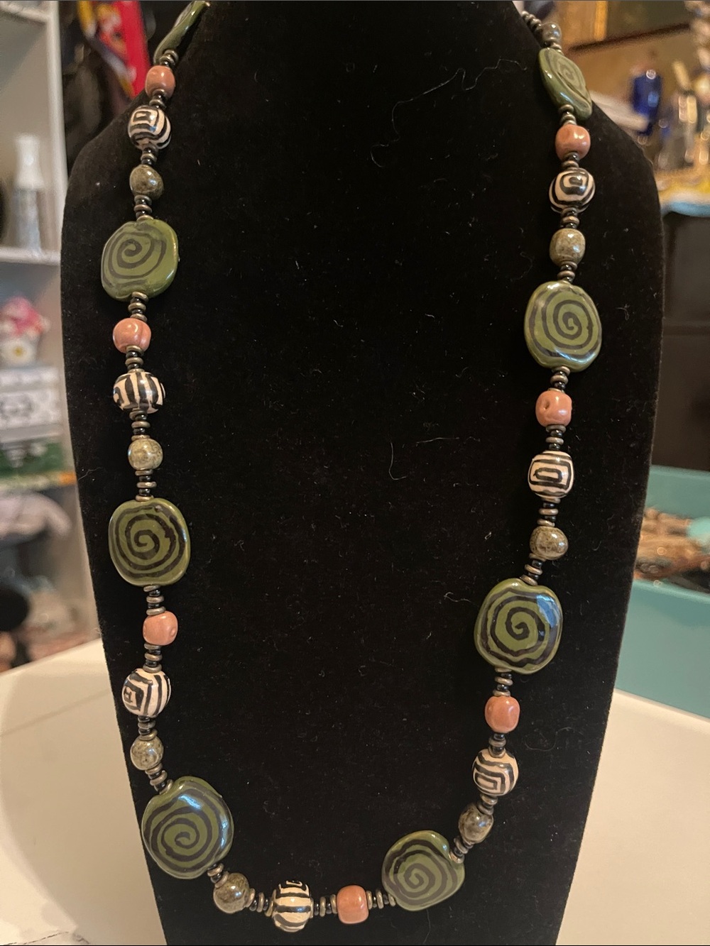 Handmade Green Spiral & Peach Bead Long Necklace